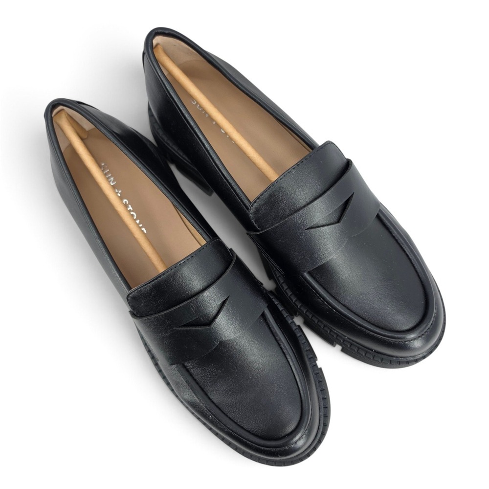 Sun + Stone Lanaa Lug Sole Penny Loafers Black Leather Flats Womens 8 New - Picture 3 of 7